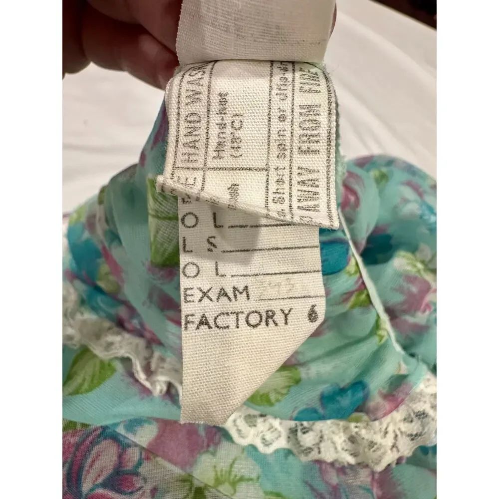 Vintage 1970s Floral Sheer Chiffon Lace Peignoir Dressing Gown Maxi Robe